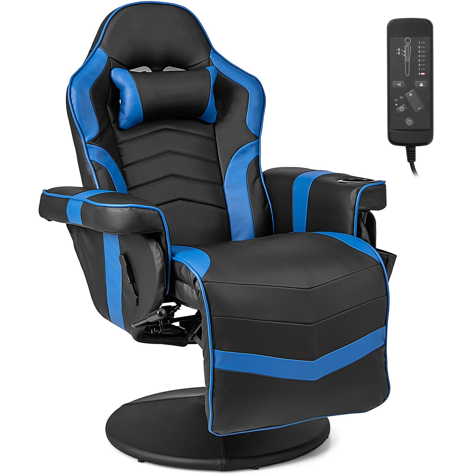 Electric Massage Gaming Chair with Cup Holder and Side Pouch Blue